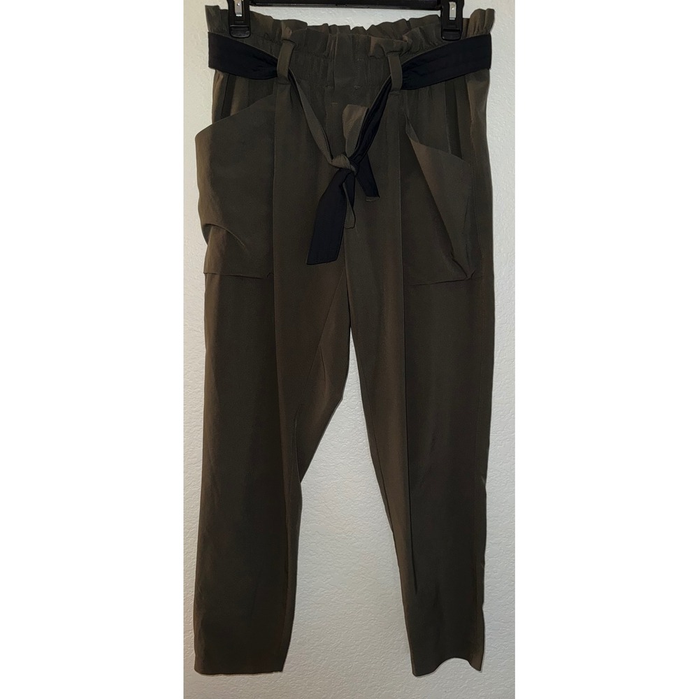 Athleta Wander Slim Pant 10 Olive Green Paperbag Waist Tie Belt S/292915-03